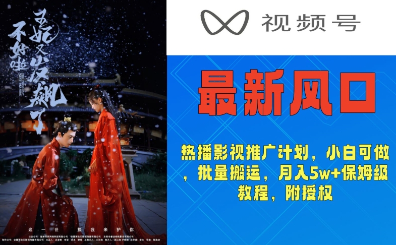 视频号最新风口，热播影视推广计划，小白可做，批量搬运，月入5w+保姆级教程，附授权|云雀资源分享