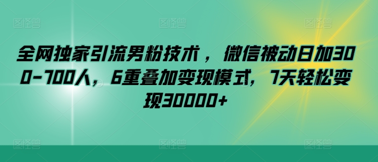 全网独家引流男粉技术 ，微信被动日加300-700人，6重叠加变现模式，7天轻松变现30000+|云雀资源分享