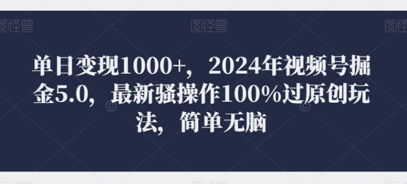 单日变现1000+，2024年视频号掘金5.0，最新骚操作100%过原创玩法，简单无脑，小白专属|云雀资源分享
