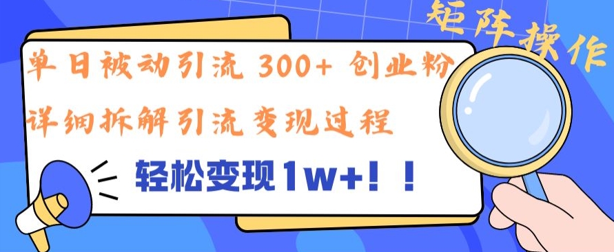 单日被动引流 300+ 创业粉，轻松变现1w+，矩阵操作详细拆解引流变现过程|云雀资源分享