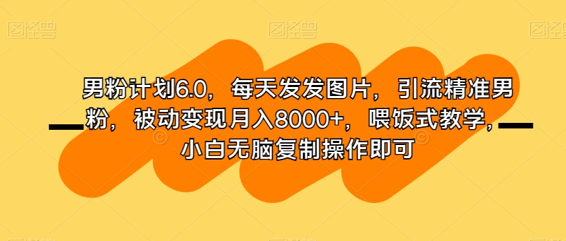 男粉计划6.0，每天发发图片，引流精准男粉，被动变现月入8000+，喂饭式教学，小白无脑复制操作即可|云雀资源分享