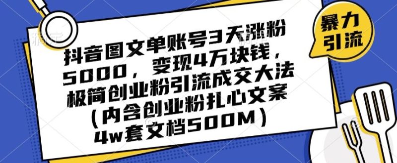 抖音图文单账号3天涨粉5000,变现4万块钱,极简创业粉引流成交大法|云雀资源分享