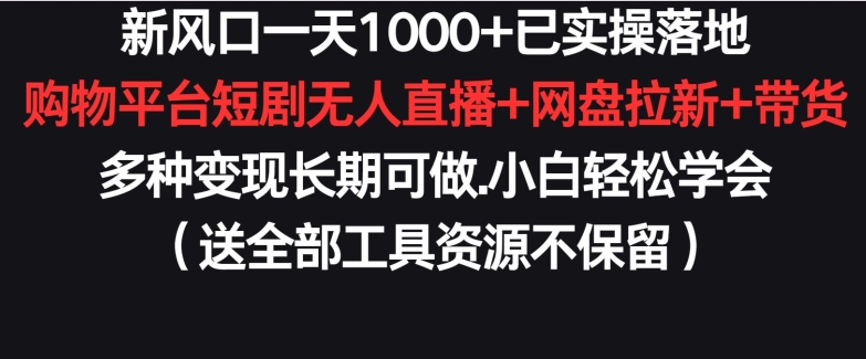 新风口一天1000+已实操落地购物平台短剧无人直播+网盘拉新+带货多种变现长期可做【揭秘】|云雀资源分享