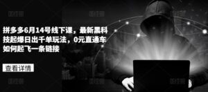 拼多多平台6月14号面授课，最新黑科技爆款日出千单游戏玩法，0元淘宝直通车怎样起降一条连接|云雀资源分享
