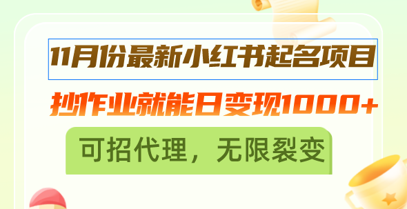 11月份最新小红书起名项目，抄作业就能日变现1000+，可招代理，无限裂变|云雀资源分享