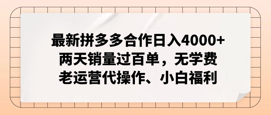 拼多多最新协作日入4000 二天销售量过百单，无培训费、老经营代实际操作、新手褔利|云雀资源分享