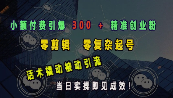 小额付费引爆 300 + 精准创业粉，零剪辑、零复杂起号，话术撬动被动引流，当日实操即见成效|云雀资源分享