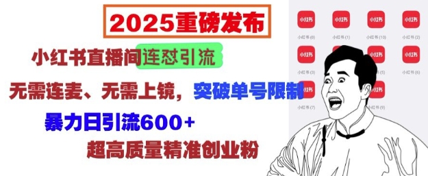 2025重磅发布：小红书直播间连怼引流，无需连麦、无需上镜，突破单号限制，暴力日引流600+|云雀资源分享