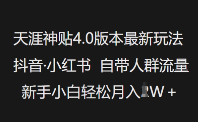 天涯神贴4.0版本号全新游戏玩法，抖音视频·小红书的内置群体总流量，新手入门轻轻松松月入了W|云雀资源分享