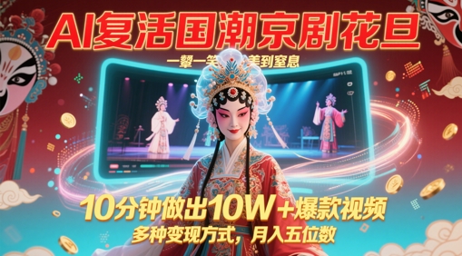 AI复生国潮品牌京剧花旦，一颦一笑美到窒息，10min作出10W 爆款短视频，多种多样变现模式，月入五位数|云雀资源分享