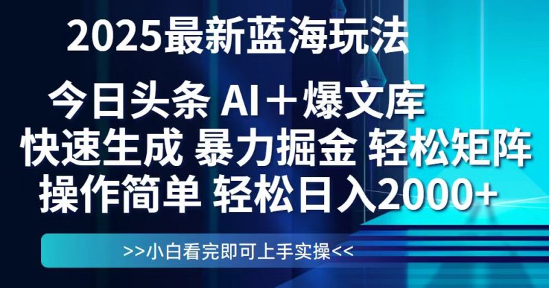 今日头条2025最新蓝海玩法,思路简单,复制粘贴,轻松实现矩阵日入2000+|云雀资源分享
