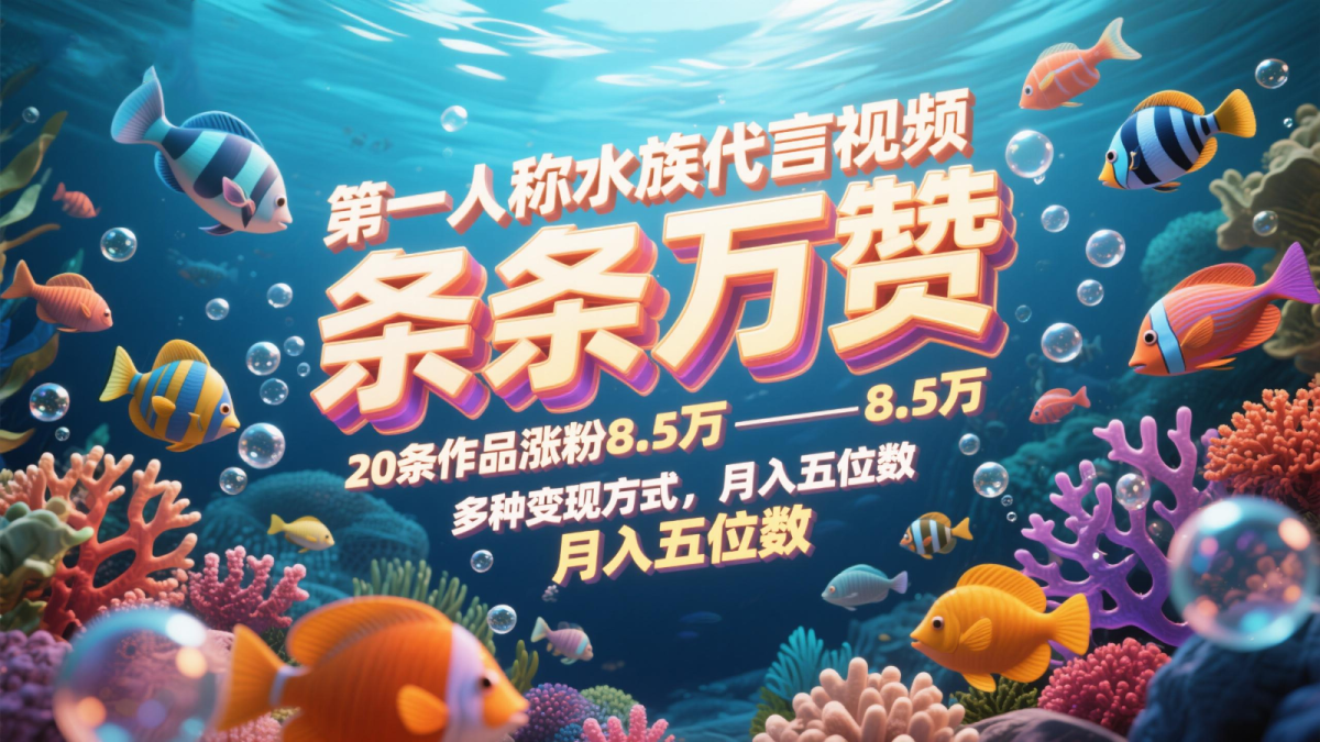 第一人称水族用品品牌代言短视频，一条条万赞，20条著作增粉8.5万，多种多样变现模式月，入五位数|云雀资源分享