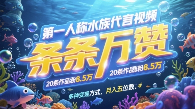 第一人称水族用品品牌代言短视频，一条条万赞，20条著作增粉7.8W，多种多样变现模式月入五位数|云雀资源分享