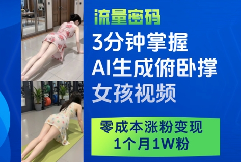 3分钟掌握AI生成俯卧撑女孩视频，零成本涨粉变现，1个月1W粉|云雀资源分享