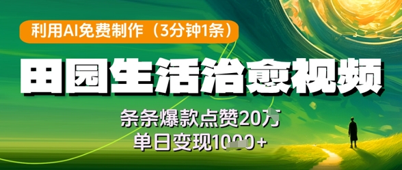 利用AI免费制作田园生活治愈视频，条条爆款点赞20W，单日变现几张|云雀资源分享