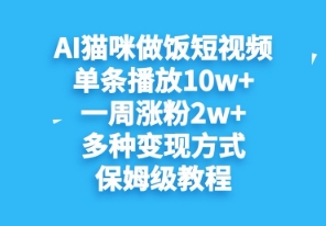 AI猫咪做饭短视频，单条播放10w ，一周涨分2w ，多种变现方式，保姆级教程