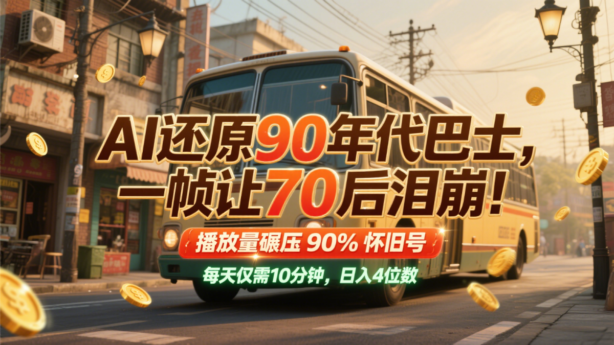 AI复原90时代大巴，一帧让70后泪奔！播放率辗压90%复古号，每日10min，日入4个数|云雀资源分享