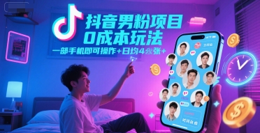 抖音男粉项目0成本玩法，一部手机即可操作，日均4张+，时间自由|云雀资源分享
