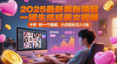 2025最新男粉项目，一键生成美女视频，日引600+色粉 十秒一个视频，小白轻松日入5张【揭秘】|云雀资源分享