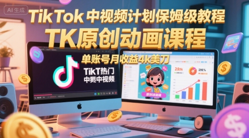 TikTok中视频计划保姆级教程，TK原创动画课程，单账号月收益4k美刀|云雀资源分享