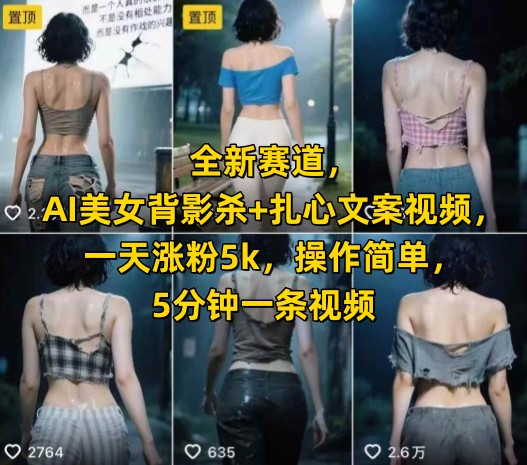 全新赛道，AI美女背影杀+扎心文案视频，一天涨粉5k，操作简单，5分钟一条视频|云雀资源分享