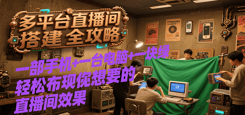 多平台直播间搭建全攻略，一部手机+一台电脑+一块绿布轻松实现你想要的直播间效果|云雀资源分享