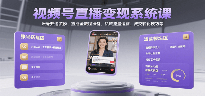 视频号直播变现系统课，账号开通装修、直播全流程准备、私域流量运营、成交转化技巧等|云雀资源分享