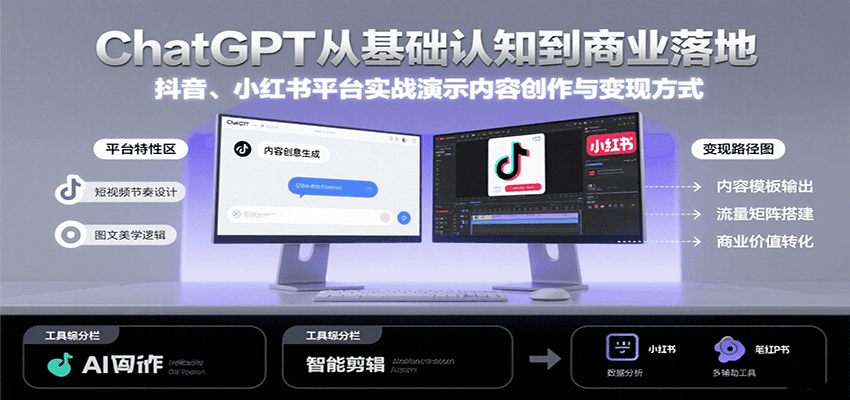 ChatGPT从基础认知到商业落地，实战演示抖音、小红书等平台的内容创作与变现|云雀资源分享