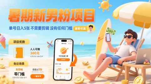 暑期新男粉项目 单号日入5张 不需要剪辑 没有任何门槛|云雀资源分享