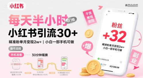 每天半小时小红书引流30+，精准粉单月变现2w+，小白新手一部手机可做，今天5分钟硬核实操|云雀资源分享