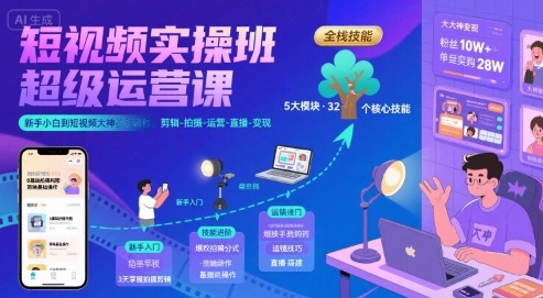 短视频实操班超级运营课，新手小白到短视频大神必修课程，剪辑-拍摄-运营-直播-变现|云雀资源分享