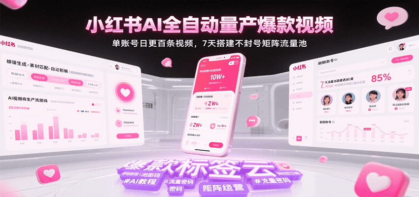 小红书AI全自动量产爆款视频，单账号日更百条视频，7天搭建不封号矩阵流量池|云雀资源分享