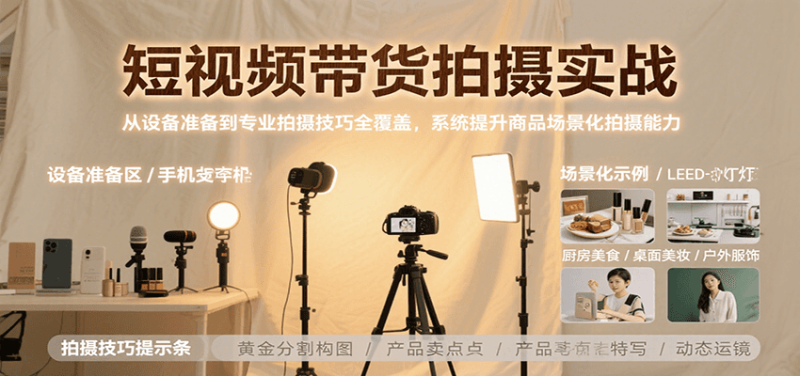 短视频带货拍摄实战,从设备准备到专业拍摄技巧全覆盖,系统提升商品场景化拍摄能力|云雀资源分享