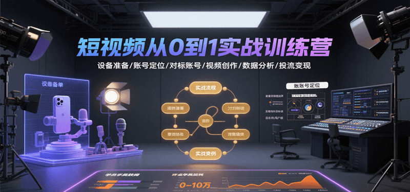 短视频从0到1实战训练营:设备准备/账号定位/对标账号/视频创作/数据分析/投流变现|云雀资源分享