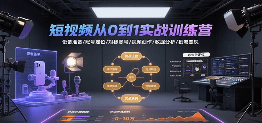 短视频从0到1实战训练营：设备准备/账号定位/对标账号/视频创作/数据分析/投流变现|云雀资源分享