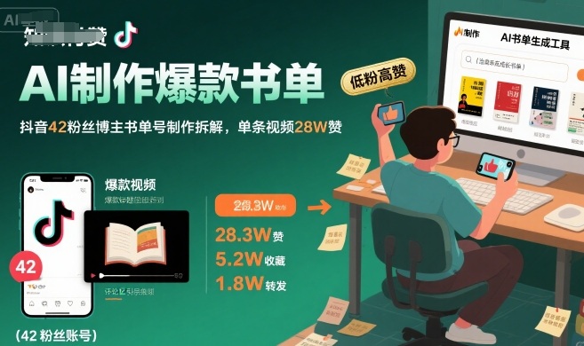 AI制作爆款书单，抖音42粉丝博主书单号制作拆解，单条视频28W赞|云雀资源分享