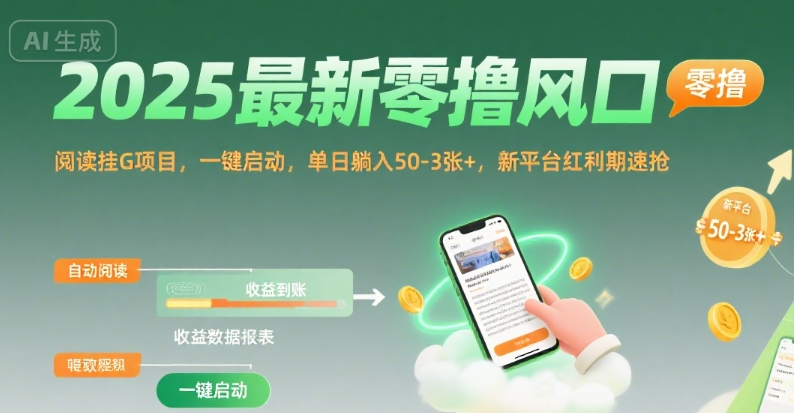 2025最新零撸风口，阅读挂G项目，一键启动，单日躺入 50-3张+，新平台红利期速抢【揭秘】|云雀资源分享