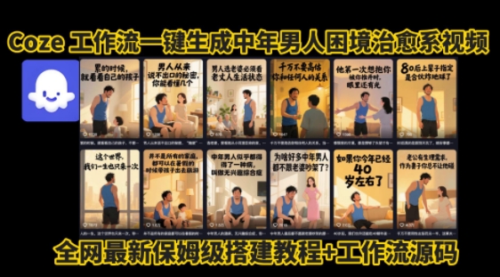 coze工作流一键生成”中年男人困境扎心高涨粉高播放量图文视频”保姆级拆解教程，无需剪辑，无需拍摄写文案|云雀资源分享