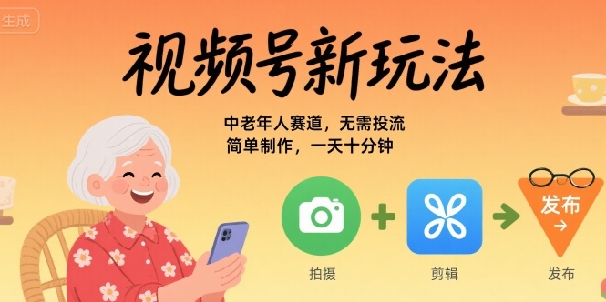 视频号新玩法，中老年人赛道，无需投流，简单制作，一天十分钟，月入1W|云雀资源分享