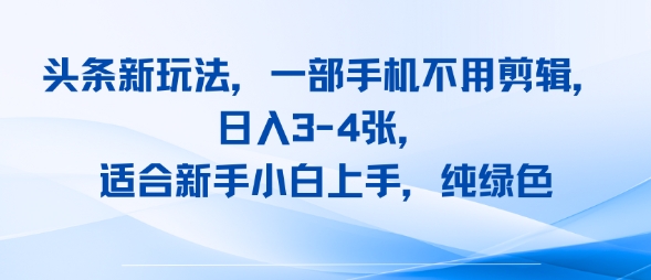 头条新玩法，一部手机不用剪辑，日入3-4张，适合新手小白上手，纯绿色|云雀资源分享