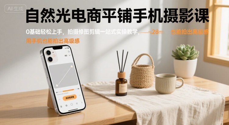 自然光电商平铺手机摄影课，0基础轻松上手，拍摄修图剪辑一站式实操教学，用手机也能拍出高级感|云雀资源分享