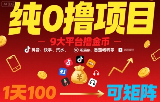 纯0撸项目，9大平台撸金币，抖音，快手，汽水，番茄畅听等，1天100，可矩阵|云雀资源分享