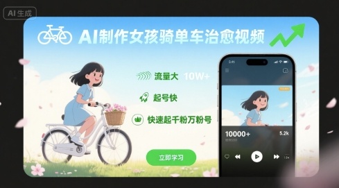 AI制作女孩骑单车治愈视频，流量大，起号快，快速起千粉万粉号|云雀资源分享