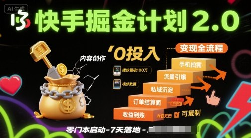 快手掘金计划2.0，快手电商变现全流程，简单可复制，0投入|云雀资源分享