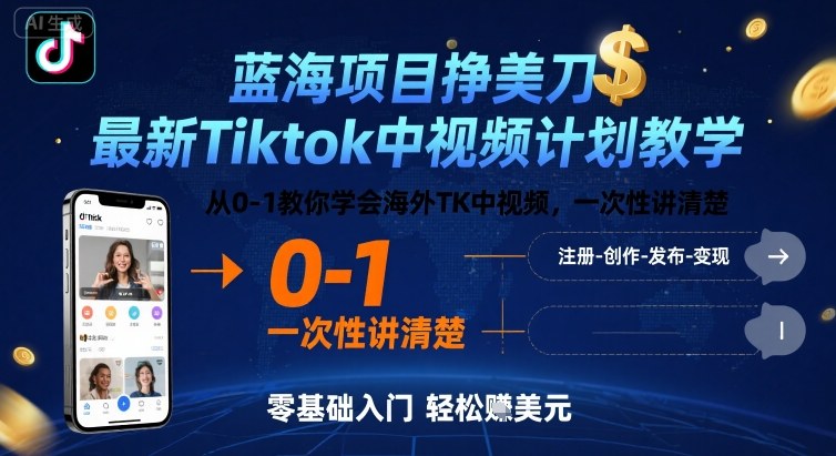 蓝海项目挣美刀，最新Tiktok中视频计划教学，从0-1教你学会海外TK中视频，一次性讲清楚|云雀资源分享