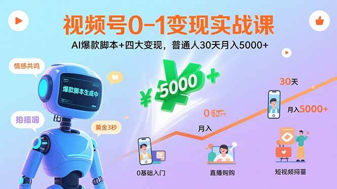 视频号0-1变现实战课：AI爆款脚本+四大变现，普通人30天月入5000+|云雀资源分享