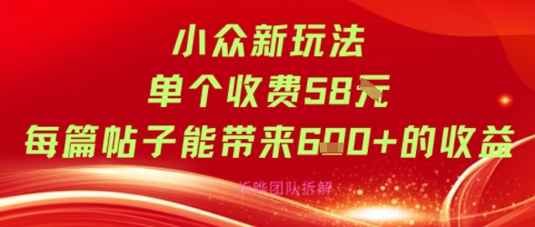 小众新玩法单个收费58米每篇帖子能带来6张+的收益|云雀资源分享