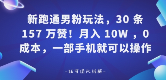 新跑通男粉玩法，30条157W赞，0成本，一部手机就可以操作|云雀资源分享
