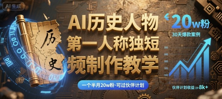 最新AI历史人物第一人称独白短视频制作教学，一个半月20w粉，可过伙伴计划|云雀资源分享