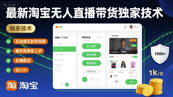 最新淘宝无人直播带货独家技术，无违规无封号风险，操作简单易上手，长期稳定日入1k【揭秘】|云雀资源分享